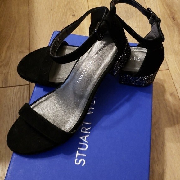 Stuart Weitzman Chic Edgy Feminine Suede Leather Sparkle Chunky Heels Size 6 - Picture 1 of 2